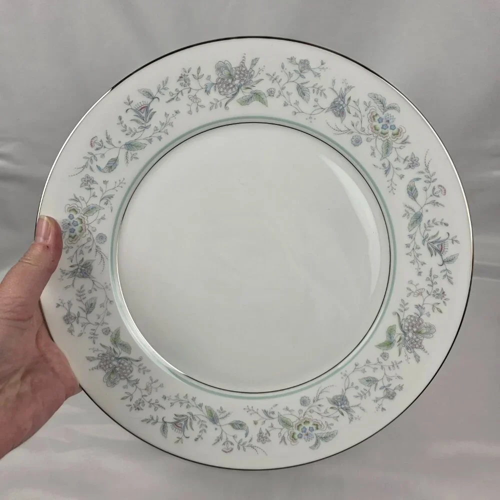 TWO Oxford China Spring Bone China Dinner Plate Multicolor Floral Rim Aqua Band